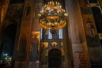 Interior of the ancient St. George Cathedral (St. George Monastery), Veliky Novgorod. Russia - obrazy, fototapety, plakaty