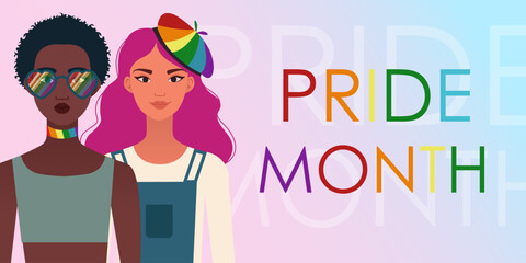 happy lesbian woman in trendy flat style for print, emblem. Concept of lesbian or bisexual couple or marriage, best friends, lgbt, love and romance. Pride month celebration background.