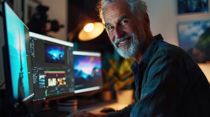 Senior male graphic designer retouches photo using computer at office and looks at camera smiling