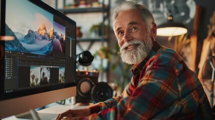 Senior male graphic designer retouches photo using computer at office and looks at camera smiling - obrazy, fototapety, plakaty