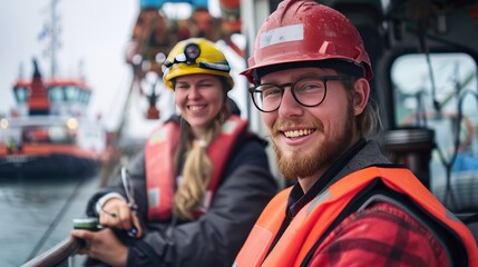 Engineers looking at camera on tug boat on boat in harbor with smiles - obrazy, fototapety, plakaty
