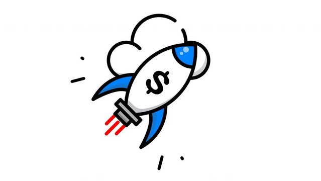 animated rocket with a dollar sign, perfect for kids projects, spacethemed designs, educational materials, and sciencerelated content, business, finnance. Bright and fun!