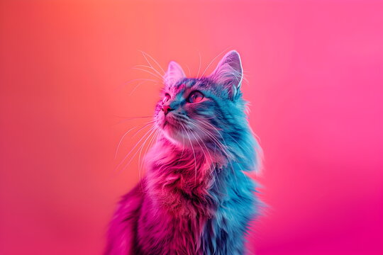 Portrait of a fluffy cat in neon light on a pink background with space for text. Pets banner or card with copy space for pet store, grocery store or veterinary clinic