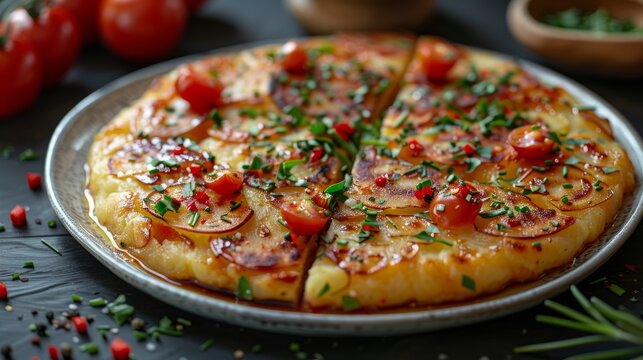 Spanish amlet or potato tortilla on a white plate dark