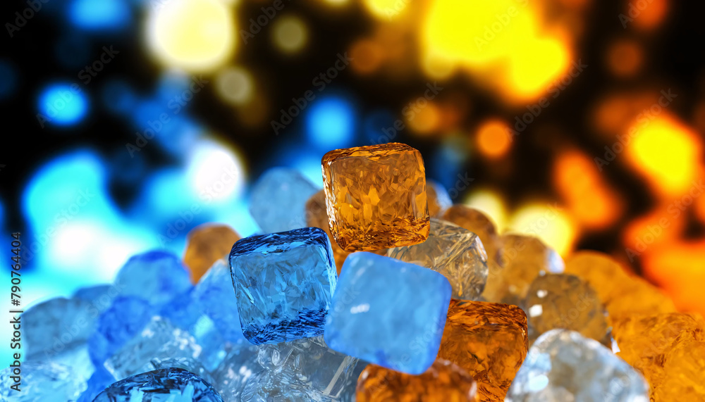 Poster a close-up view of translucent crystal cubes in blue and amber tones and as if they are made of ice 