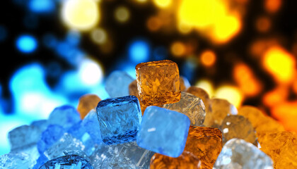 A close-up view of translucent crystal cubes in blue and amber tones and as if they are made of ice and amber