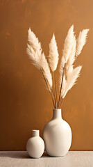 Pampas grass on beige wall background