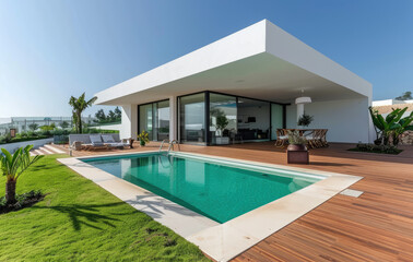 A photo of the front view of a modern house with a pool and wooden deck