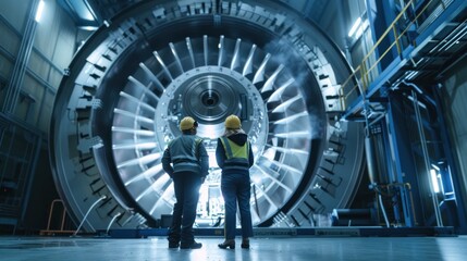 Obraz premium Two engineers looking at a large turbine wide angle lens realistic lighting
