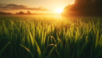 A lush, vibrant green grass field during sunrise, dew-covered and the sunlight