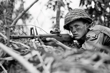 Naklejka premium Australian Digger With Bren Gun in Jungle