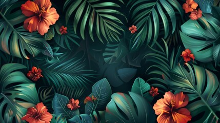 Tropical leaves and flowers against a dark backdrop - obrazy, fototapety, plakaty