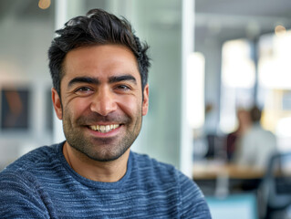 Software Developement Concept: A male software developer in his modern tech office, smiling confidently