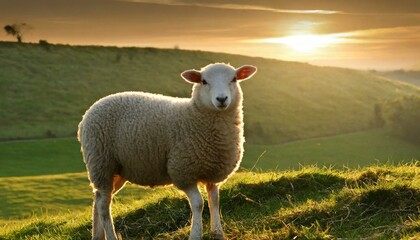 Fototapeta premium Twilight's Lamb: A Young Sheep in the Sunset Glow