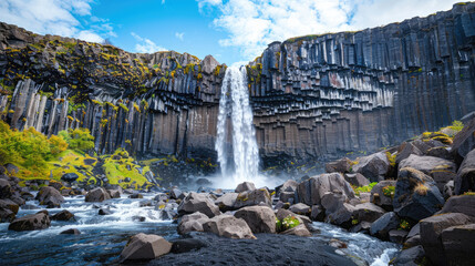 Fototapeta premium Majestic waterfall cascading over mossy brown cliffs onto black pebbled riverbed under clear blue sky