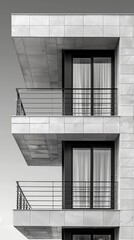 Close-up view of a modern building showcasing urban design elements. exploring the intricate details of modern architectural design with contemporary geometric concrete elements. Minimalist facade