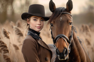 Equestrian in a top hat standing confidently beside her horse in a field