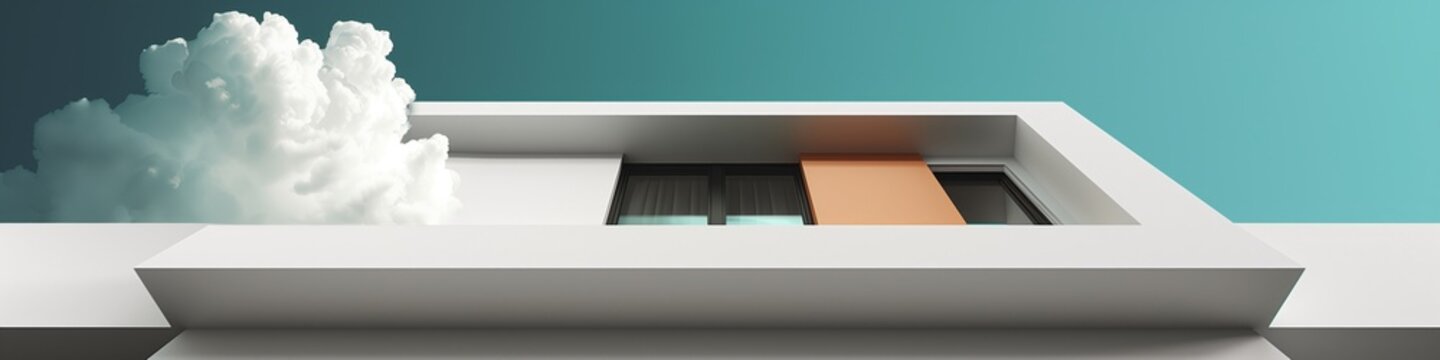 Panoramic header with modern architectural detail with clouds: contemporary building facade with abstract design elements and striking cloud formation