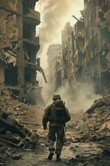 Soldier Walking Through Destroyed City Street