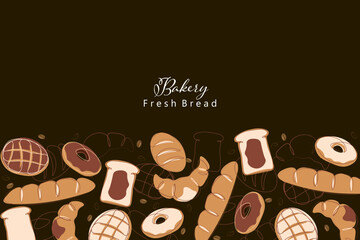 Breads vector illustration background pattern. Baking, bakery, cooking, sweet products, pastries concept. Vector illustrations pattern background for posters, banners, cards, and advertisements.