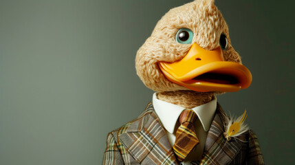 Duck dressed to the nines in a bespoke suit with a trendy feather-patterned lapel pin, embodying a perfect combination of sophistication and aquatic allure in a stylish anthropomorphic portrait.