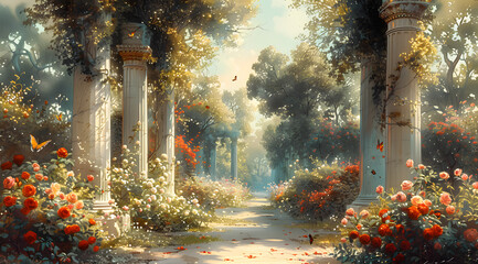 Grecian Tranquility: Lush Watercolor Portrait of a Historical Greek Garden Oasis - obrazy, fototapety, plakaty