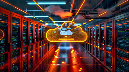 Serverless technology on hybrid cloud network with modern digital infrastructure equipment. Concept Serverless Technology, Hybrid Cloud Network, Digital Infrastructure, Modern Equipment