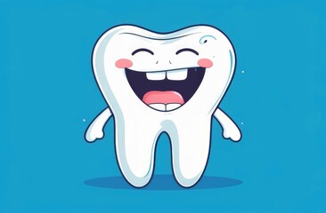 funny cute cartoon character of white tooth on blue background. pediatric dentistry, stomatology