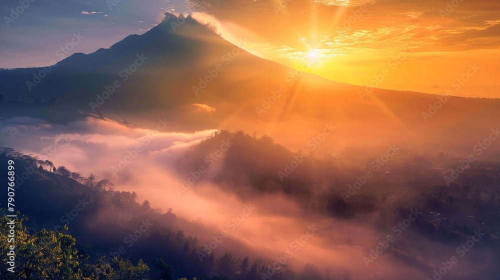 Poster Sun setting behind mountain with fog