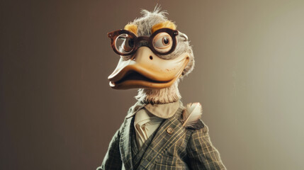 Duck dressed to the nines in a bespoke suit with a trendy feather-patterned lapel pin, embodying a perfect combination of sophistication and aquatic allure in a stylish anthropomorphic portrait. - obrazy, fototapety, plakaty