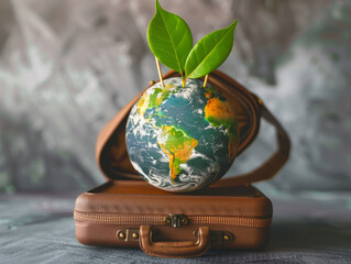 A minimalist globe paired with a suitcase and a green leaf overlay, illustrating eco-tourism