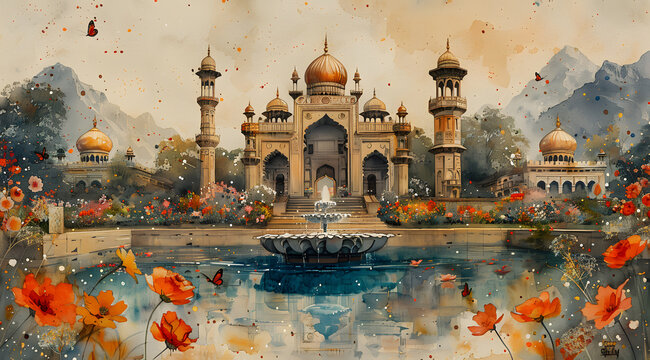Butterfly Palaces: Intricate Watercolor Painting of a Mughal Garden Retreat