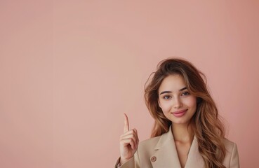 copy space, isolated background, Happy woman pointing to side. showing something