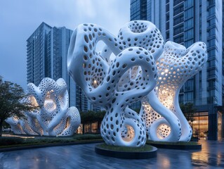 The sculptures are white and made of glass. They are placed in front of a building. The sculptures are lit up, giving them a mysterious and eerie appearance