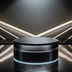 A futuristic podium with a dark, glossy surface illuminated by dynamic lighting effects, creating an immersive visual experience against a reflective background. - obrazy, fototapety, plakaty