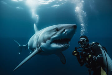 A man is scuba diving in the ocean and is in front of a large shark. 
