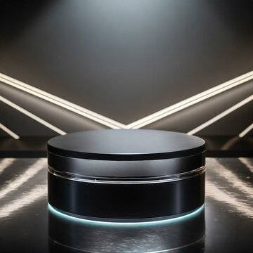 A futuristic podium with a dark, glossy surface illuminated by dynamic lighting effects, creating an immersive visual experience against a reflective background.