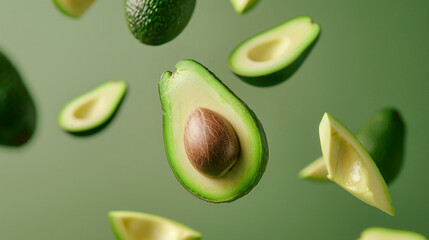 Creative layout with ripe flying avocado halves on green background. Healthy food, diet, tropical...