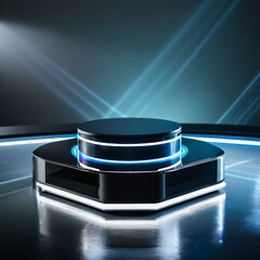 A futuristic podium with a dark, glossy surface illuminated by dynamic lighting effects, creating an immersive visual experience against a reflective background.