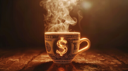 A coffee cup with a dollar sign steam, representing business deals made over coffee. - obrazy, fototapety, plakaty