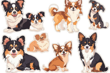 Stickers of small dog breeds including Chihuahua, French Bulldog, Cavalier King Charles Spaniel, Welsh Corgi, and Papillon.