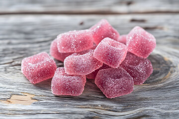 Here is the prompt that was used to generate this image: jegor5165_A_handful_of_raspberry_gummies_coated_in_sparkling_su_9b8aed3f-5dad-404f-80a7-2409fbdf5caa.