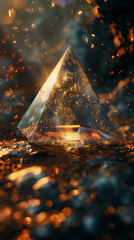 Mystical Crystal Pyramid Radiating Light with Golden Sparkles