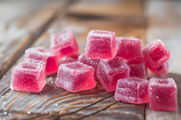 Dewy Raspberry Candy Squares on Reclaimed Wood Backdrop