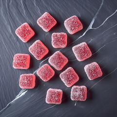 Crystalized Raspberry Gelatin Squares on Slate Grey Stone