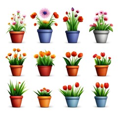 set of 3d flowers in pots vector icons