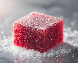 Frosted Ruby: A Red Gummy Cube in a Snowy Sugar Landscape