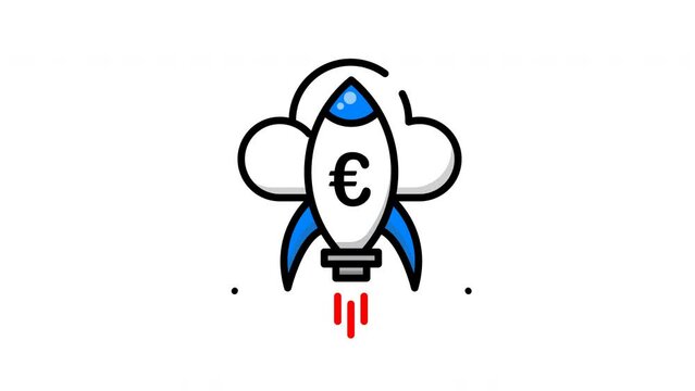 animated rocket with a euro sign, perfect for kids projects, spacethemed designs, educational materials, and sciencerelated content, business, finnance. Bright and fun!