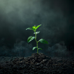 An image showing a plant's first leaves as it sprouts from the soil, juxtaposed against a dark, misty backdrop - obrazy, fototapety, plakaty