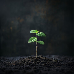 This photo highlights a small plant rising from the dark ground, emphasizing themes of life and sustainability